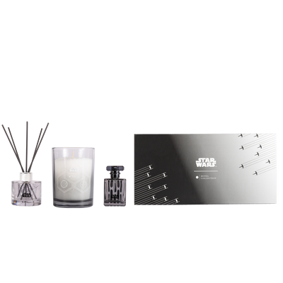 Star Wars Light vs. Dark Side Trio Set featuring a reed diffuser, candle, and room spray. This set blends contrasting fragrances inspired by the balance between light and dark, designed to elevate any space with immersive scents.