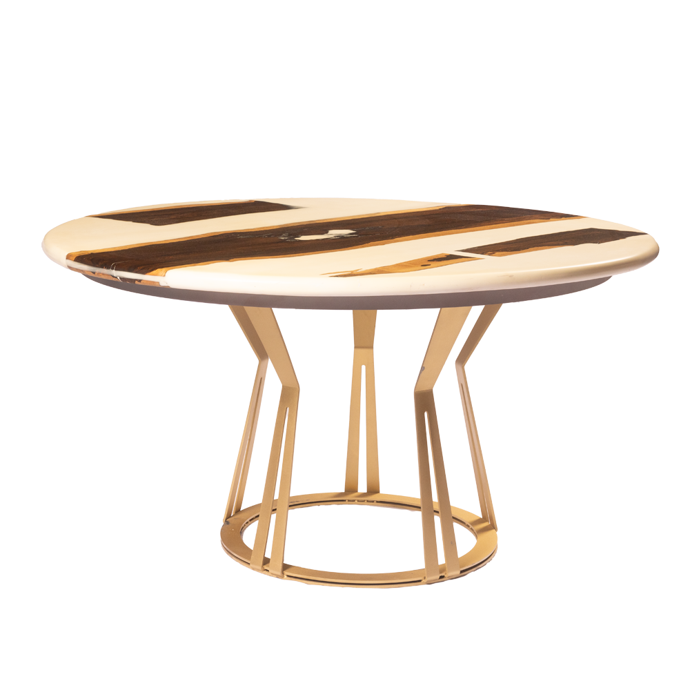 ローズウッドクリームホワイト樹脂製円形ダイニングテーブル