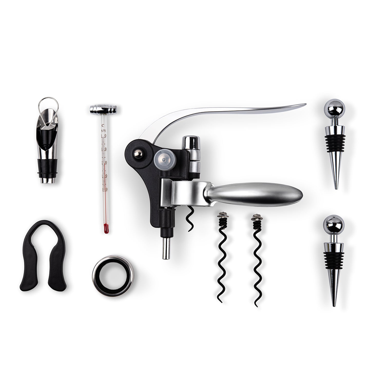 Layed out on a white background is the Hotel Collection Wine Accessory Set, which includes a Wine Pourer, Lever Corkscrew/Rabbit Style Opener, Bottle Ring, Drop Stopper, Foil Cutter, 2 Wine Stoppers, 2 Spare Screws, and a Thermometer.